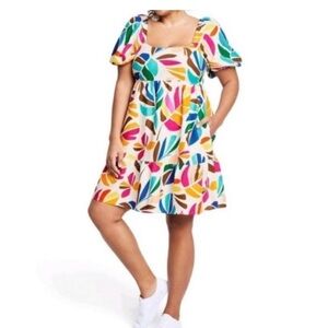 Stunning Tabitha Brown Botanical Smocked Linen Blend Puff Sleeve Dress Small XS